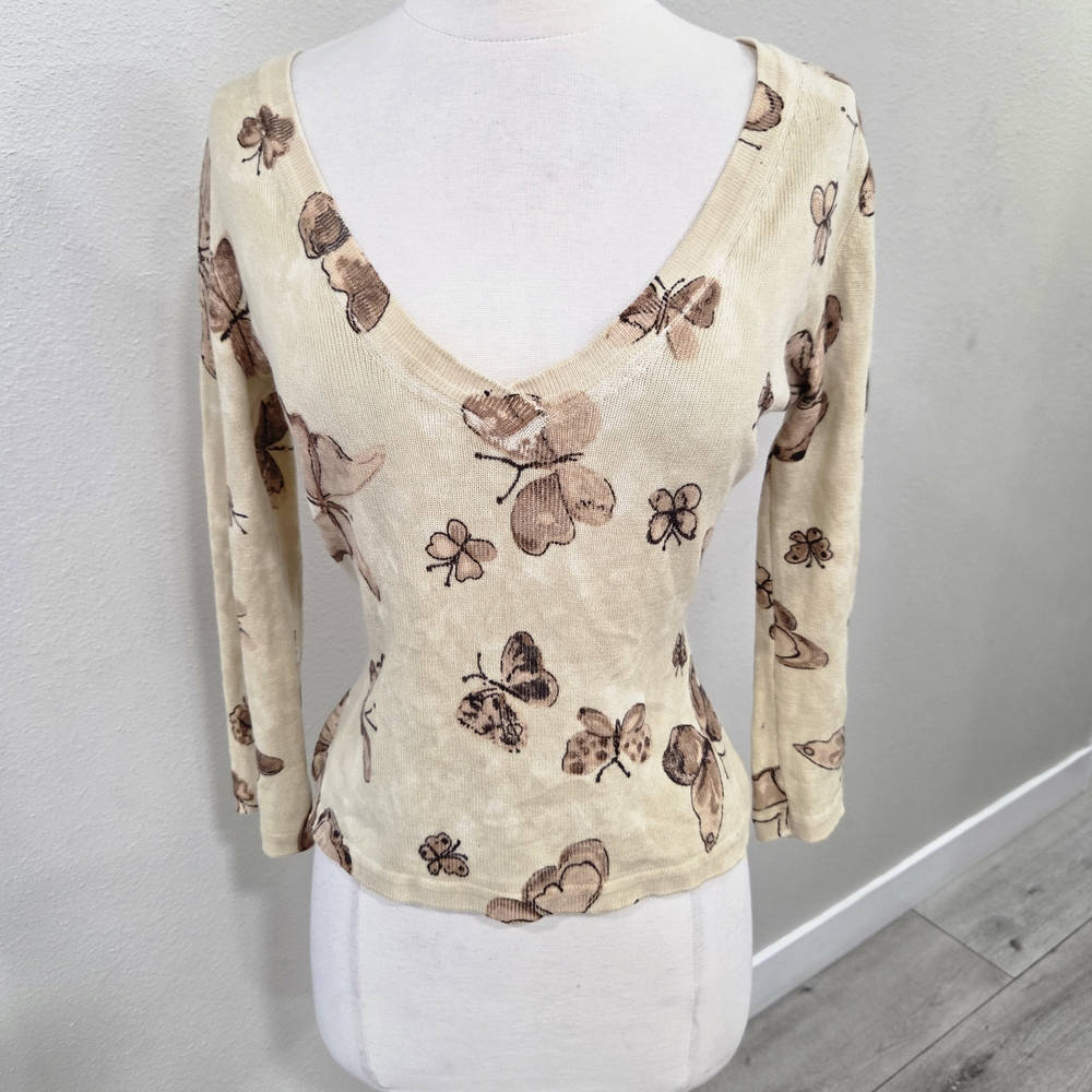 Valentino Cream and Brown Floral V-Neck Blouse